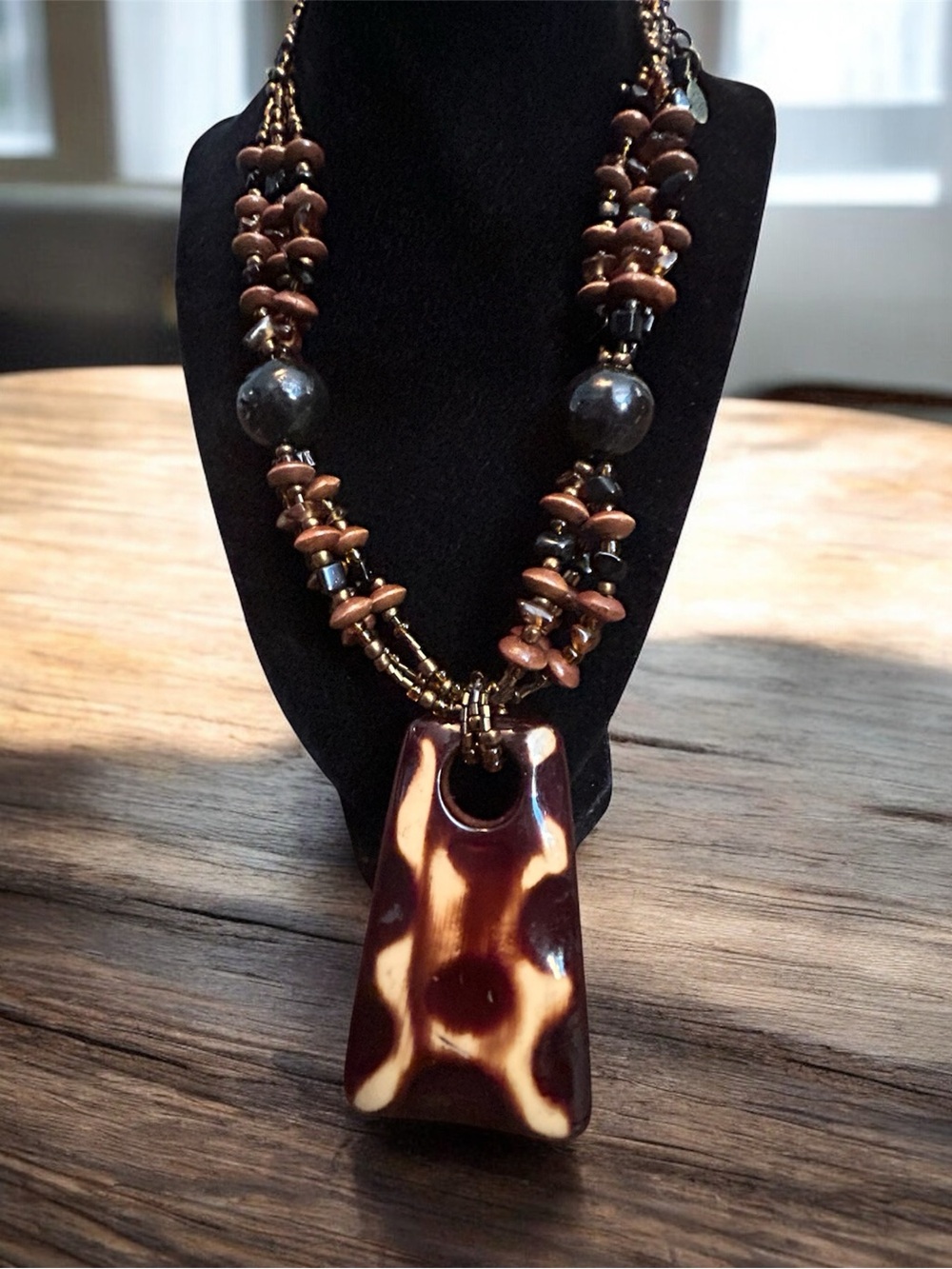 Vtg Bohemian Brown Seed Bead Statement Necklace with Finished Wood Pendant